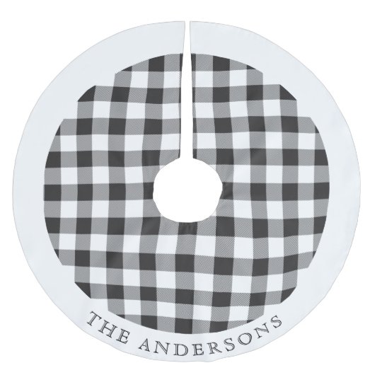 Rustikaler Schwarz-Weiß-Buffalo-Karo Familienname Polyester Weihnachtsbaumdecke (Vorderseite)