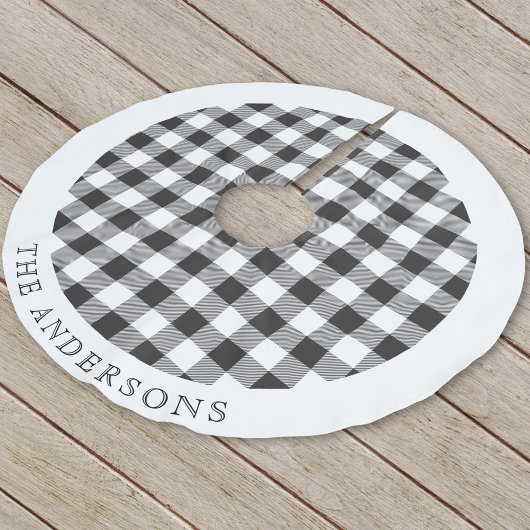 Rustikaler Schwarz-Weiß-Buffalo-Karo Familienname Polyester Weihnachtsbaumdecke