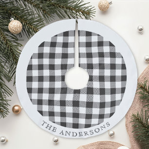 Rustikaler Schwarz-Weiß-Büffel-Karo-Familienname Polyester Weihnachtsbaumdecke