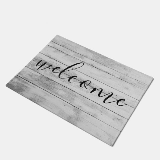 Rustikaler Schwarz & Weiß Holzkörner willkommen Fußmatte (Schrägansicht)