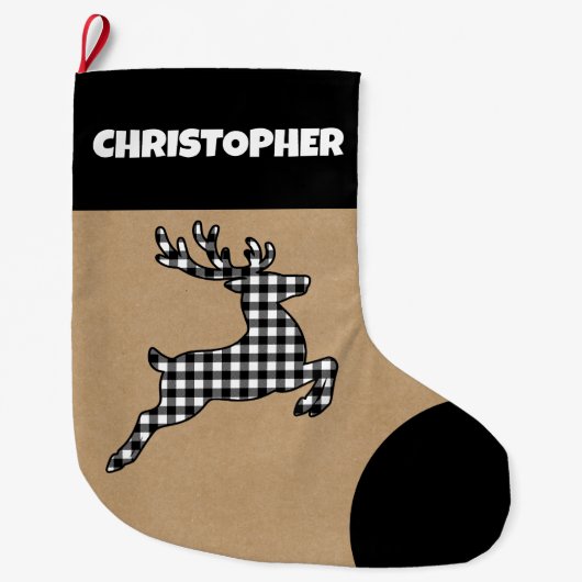 Rustikaler Schwarz-Weiß-Karierter Rentier-Individu Großer Weihnachtsstrumpf (Vorderseite)