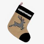 Rustikaler Schwarz-Weiß-Karierter Rentier-Individu Großer Weihnachtsstrumpf (Vorderansicht (hängend))