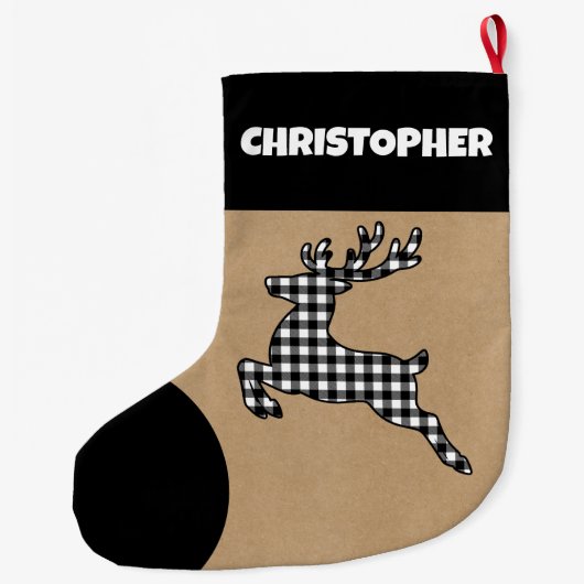 Rustikaler Schwarz-Weiß-Karierter Rentier-Individu Großer Weihnachtsstrumpf (Rückseite)
