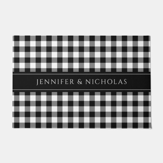 Rustikaler Schwarz-Weiß-Karo-Gingham-Name Fußmatte (Vorderseite)