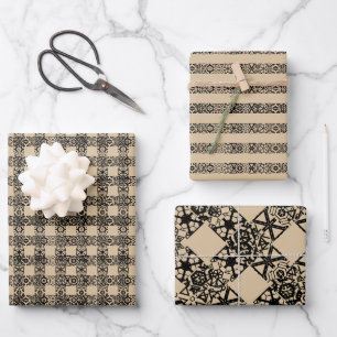 Rustikaler schwarzer brauner Kraftsatz kariert & S Geschenkpapier Set