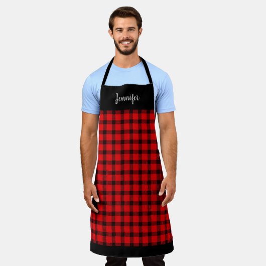 Rustikaler schwarzer Büffel karierter Monogrammnam Schürze (Getragen)