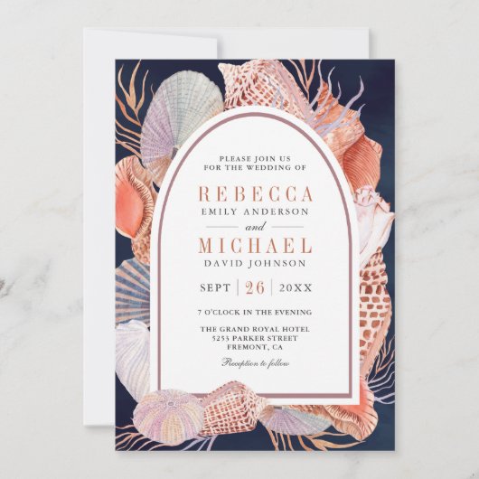 Rustikaler Seashell Nautical Navy Blue QR Code Hoc Einladung (Vorderseite)