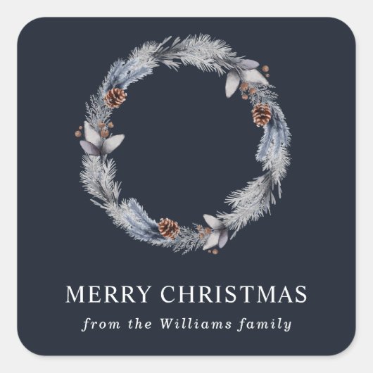 Rustikaler Silberblauer Winter Blumenreath Quadratischer Aufkleber (Vorderseite)