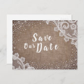 Rustikaler Silberleinensilber Glitzer Save the Dat Ankündigungspostkarte (Vorne/Hinten)