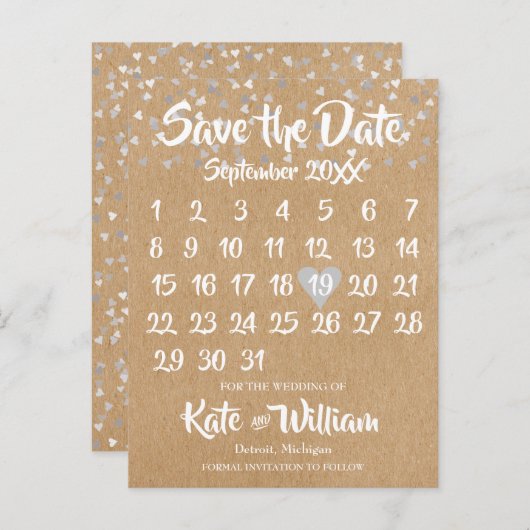 Rustikaler Silberner Liebe Herzkalender Save the D Ankündigungspostkarte (Vorne/Hinten)