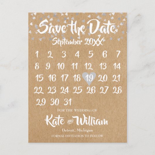 Rustikaler Silberner Liebe Herzkalender Save the D Ankündigungspostkarte (Vorderseite)
