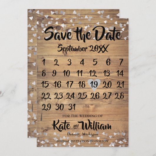 Rustikaler Silberner Liebe Herzkalender Save the D Save The Date (Vorne/Hinten)