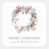 Rustikaler Silberner Winter Blumenreath Quadratischer Aufkleber (Vorderseite)