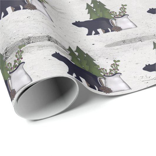 Rustikaler Silhouette Bär und Bäume auf Birke Geschenkpapier (Rolleneckpunkt)