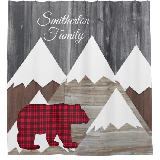Rustikaler Snowy Mountain Red Black Buffalo Karo B Duschvorhang (Vorderseite)