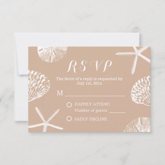 Rustikaler Sommer Beach Seashells Wedding RSVP Karte (Vorderseite)