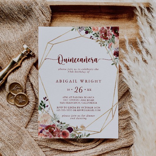 Rustikaler Sommer-Blumenkalligrafie Quinceañera Einladung