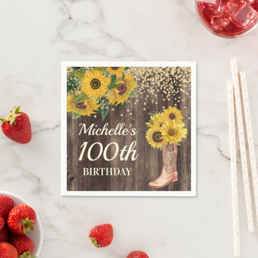 Rustikaler Sonnenblumen Glitzer Stiefel Holz 100. Serviette (Beispiel)