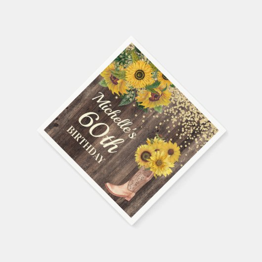 Rustikaler Sonnenblumen Glitzer Stiefel Holz 60. G Serviette (Ecke)