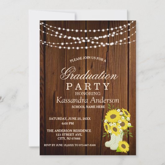 Rustikaler Sonnenblumen-String-Lights-Abschluss Einladung (Vorderseite)