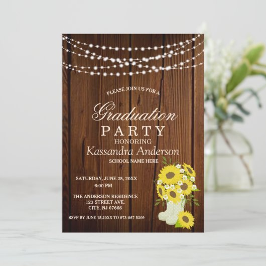 Rustikaler Sonnenblumen-String-Lights-Abschluss Einladung (Stehend Vorderseite)