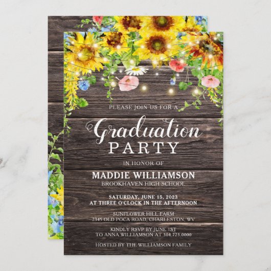 Rustikaler Sonnenblumen-String-Lights-Abschluss Einladung (Vorne/Hinten)