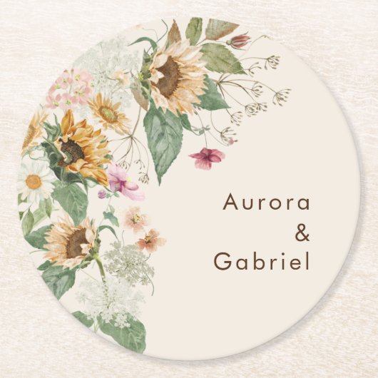 Rustikaler Sonnenblumenbeige Hochzeitspapier-Unter Runder Pappuntersetzer (Vorderseite)