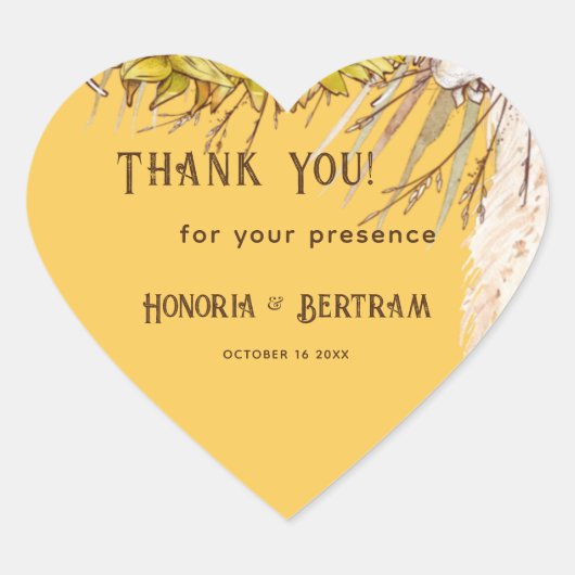 Rustikaler Spice Mustard Sunflower Bridal Herz-Aufkleber (Vorderseite)