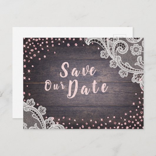 Rustikaler Spitzen und Glitzer mit Holzblüte Save Ankündigungspostkarte (Vorne/Hinten)