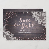 Rustikaler Spitzen und Glitzer mit Holzblüte Save Save The Date (Vorne/Hinten)