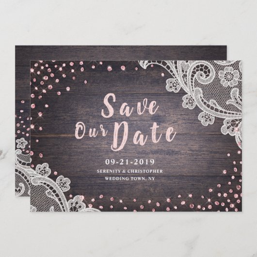 Rustikaler Spitzen und Glitzer mit Holzblüte Save Save The Date (Vorne/Hinten)