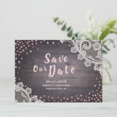 Rustikaler Spitzen und Glitzer mit Holzblüte Save  The Date (Stehend Vorderseite)