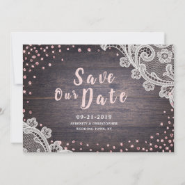 Rustikaler Spitzen und Glitzer mit Holzblüte Save The Date