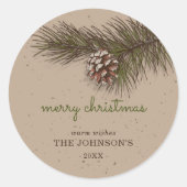 Rustikaler Sprig Pine Frohe Weihnachten Runder Aufkleber (Vorderseite)