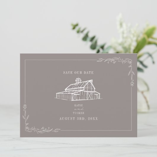 Rustikaler Stall Hochzeit Amethyst Gray Save the D Date (Stehend Vorderseite)