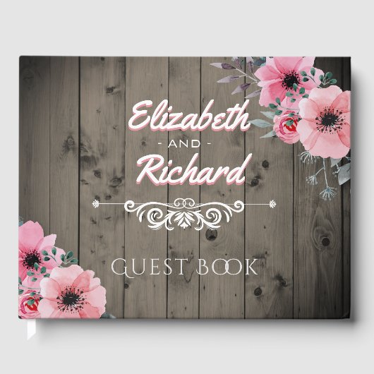 Rustikaler Stall Hochzeitsholz Rosa Blume Gästebuch (Vorderseite)