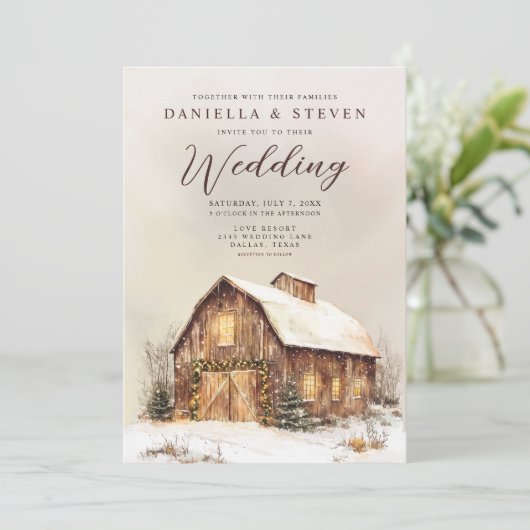 Rustikaler Stall mit Winterschneehöhe Einladung (Stehend Vorderseite)