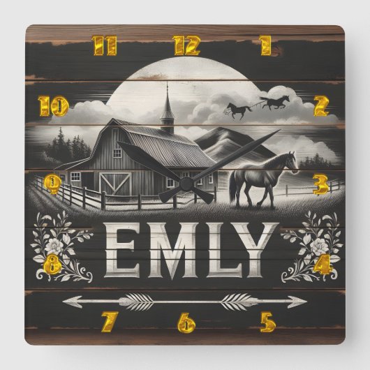 Rustikaler Stall und Pferd bei Sonnenuntergang im  Quadratische Wanduhr (Vorderseite)