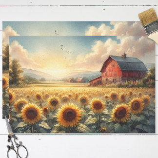 Rustikaler Stall und Sonnenblumen Wasserfarben Seidenpapier
