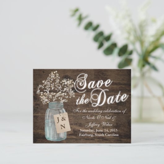 Rustikaler Stall Wedding Wood Mason Jar Babys Atem Ankündigungspostkarte (Stehend Vorderseite)
