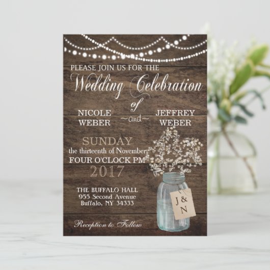 Rustikaler Stall Wedding Wood Mason Jar Babys Atem Einladung (Stehend Vorderseite)