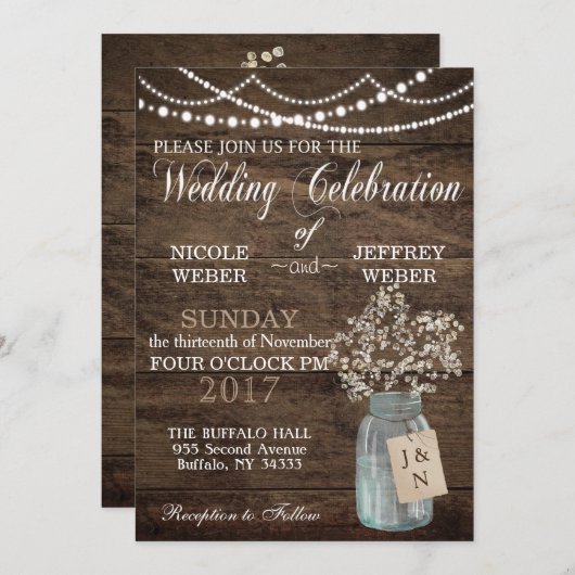 Rustikaler Stall Wedding Wood Mason Jar Babys Atem Einladung (Vorne/Hinten)