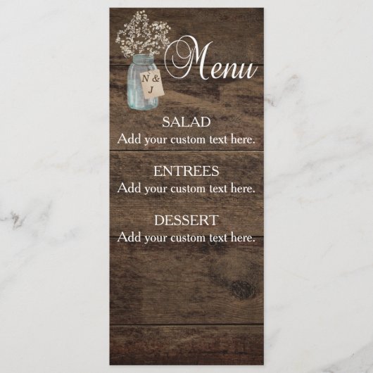 Rustikaler Stall Wedding Wood Mason Jar Babys Atem Menükarte (Vorderseite)