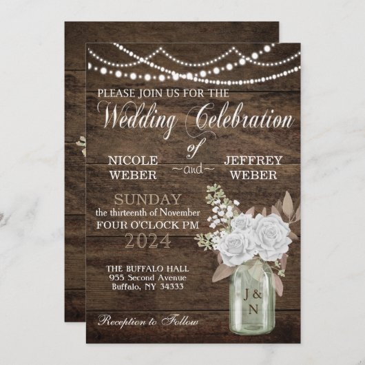 Rustikaler Stall Wedding Wood Mason Jar Floral Einladung (Vorne/Hinten)