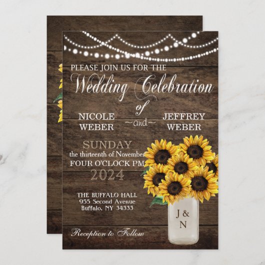 Rustikaler Stall Wedding Wood Mason Jar Sonnenblum Einladung (Vorne/Hinten)