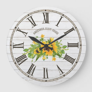 Rustikaler Stall Weißgraues Holz Sonnenblumen Küch Große Wanduhr