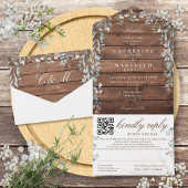 Rustikaler Stallholz Blumengrün QR Code Hochzeit All In One Einladung