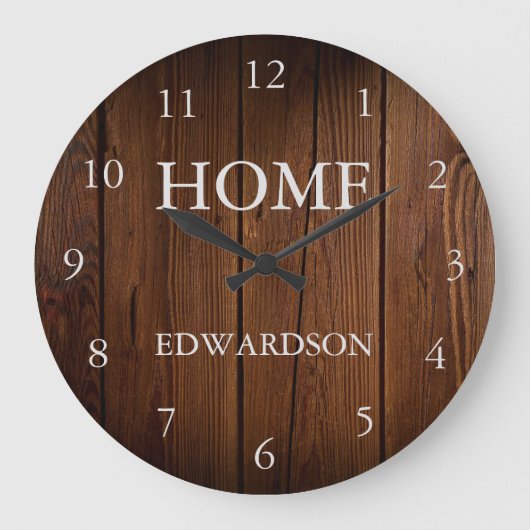Rustikaler Stallholz-Zuhause-Skriptfamilie Große Wanduhr (Vorderseite)