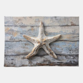 Rustikaler Starfish auf gewittertem Holz Geschirrtuch (Horizontal)