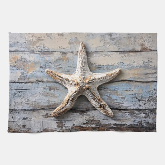 Rustikaler Starfish auf gewittertem Holz Geschirrtuch (Horizontal)